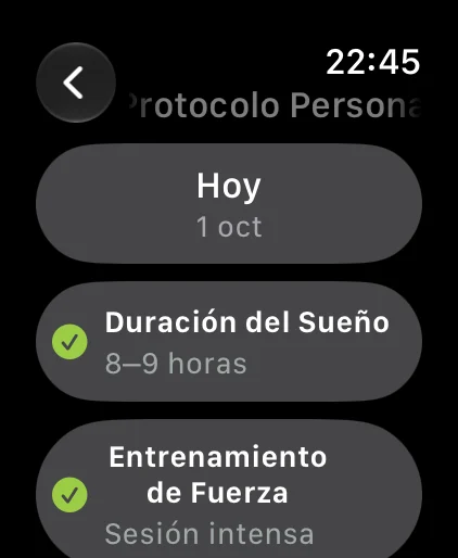 Vista de Apple Watch con respuestas del protocolo diario